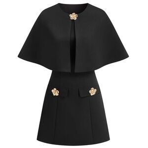 Commense Black Detachable Cape Mini Dress Set Gold Floral Pins NWT Small